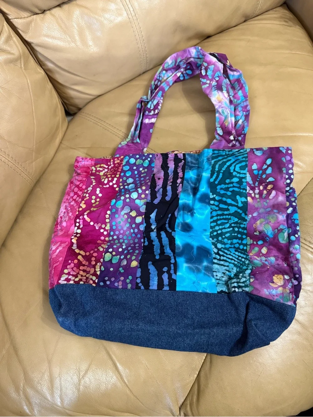 Handmade Batik Patchwork Hummingbird Tote Bag Denim Boho Artisan